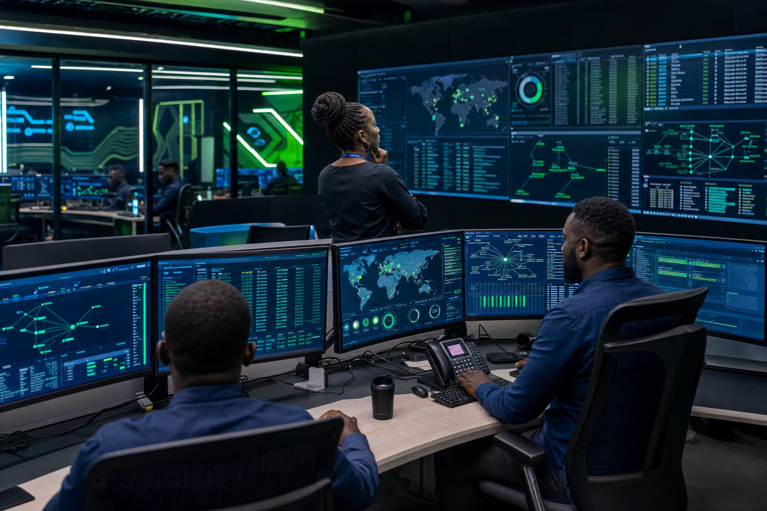 ShieldSense Command Center — African cybersecurity analysts in a world-class Security Operations Center with live threat dashboards